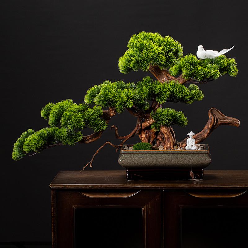 新中式仿真迎客松摆件玄关客厅崖柏假罗汉盆景美人松绿植物造景