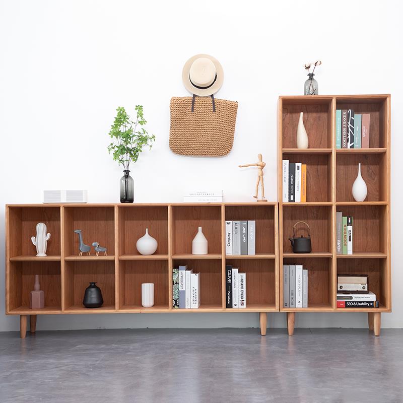 市野实木书架落地樱桃木矮书柜日式格子柜客厅橡木收纳置物架