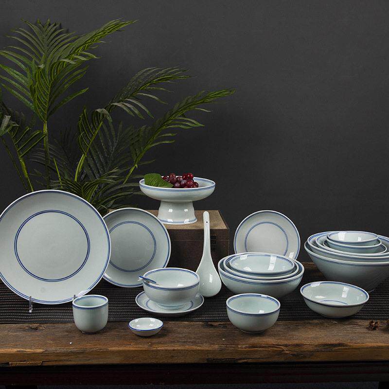 釉下彩高温蓝边餐具罗汉米饭碗简约手工中式风格白瓷青花碗大汤碗