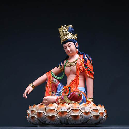 桧木精雕彩绘描金自在观音菩萨莲花底座神像摆件供奉佛像装饰品