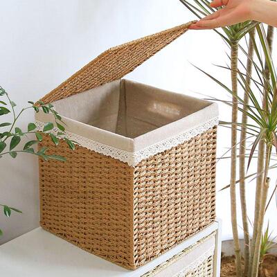 家用带盖子收纳箱杂物彷藤编草编整理箱编织可折叠家用衣物收纳筐