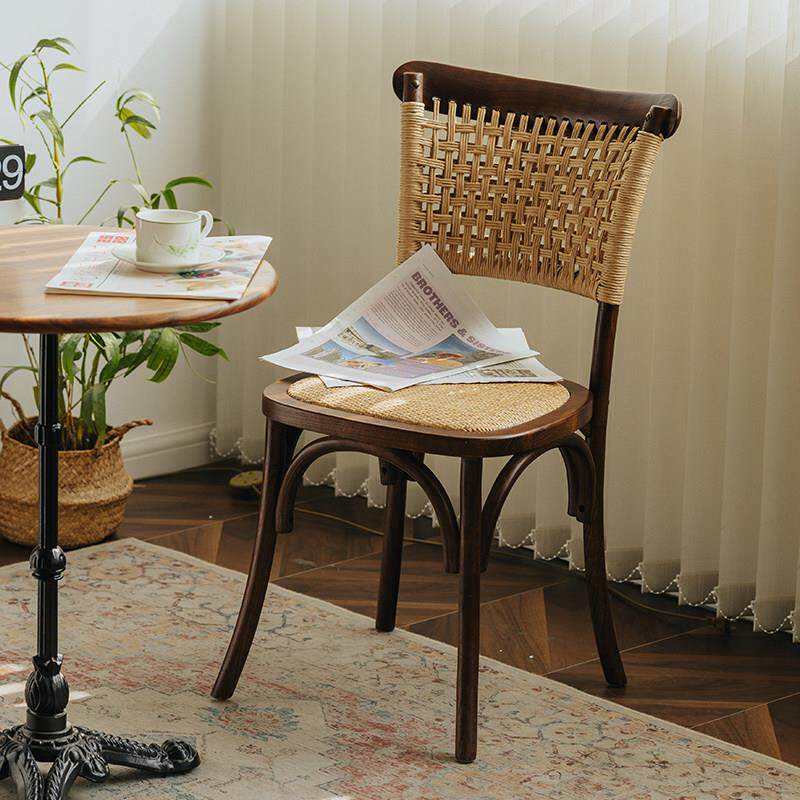 美式中复古实木藤编餐椅休闲靠背网红纸绳乡村田园软包咖啡厅凳子