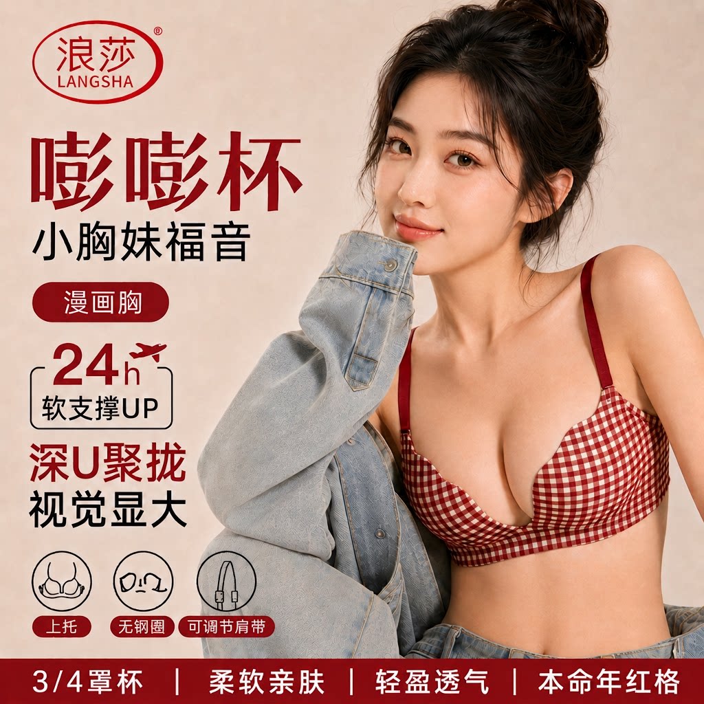 浪莎圆圆杯无痕文胸女小胸聚拢显大无钢圈防下垂本命年红色内衣