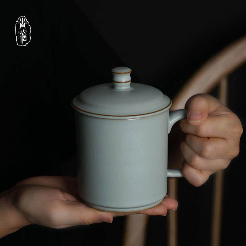 汝窑办公杯景德镇陶瓷杯带盖子手工青瓷茶杯开 片可养礼盒装家用