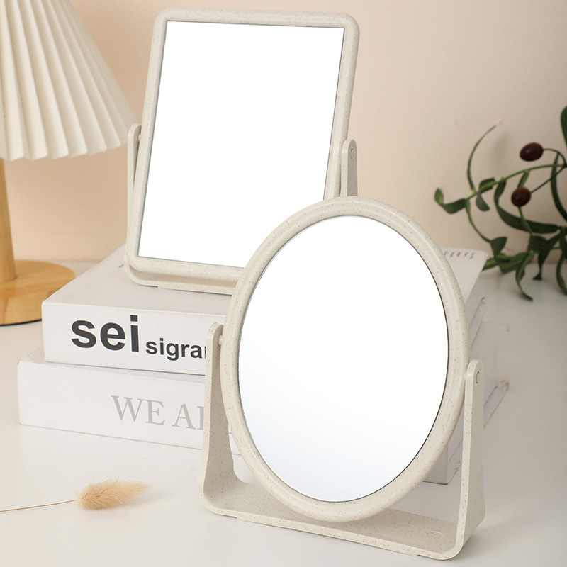 桌面化妆镜双面旋转台式麦秸秆梳妆镜大号方形公主镜子工厂