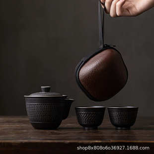 复古旅行茶具套装 一壶二杯单人泡茶碗茶杯收纳包 快客杯中式 便携式