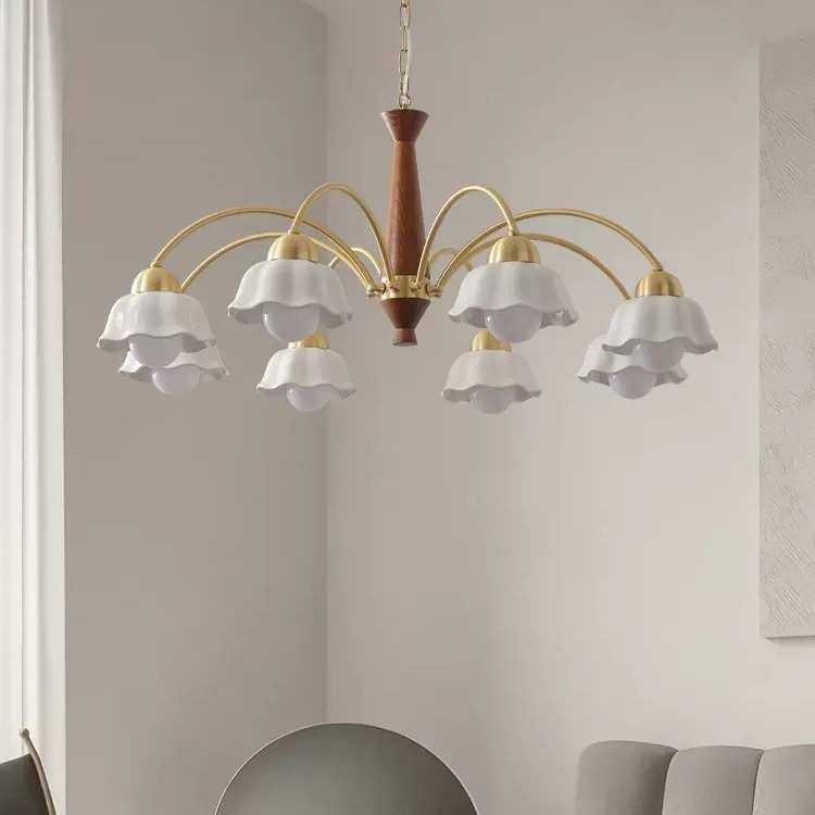 复古客厅吊灯北欧轻奢中古胡桃木色全铜白瓷宫殿灯花朵餐厅卧室灯,家装灯饰光源,客厅吊灯,淘宝优惠券,粉丝福利购,淘宝优惠卷