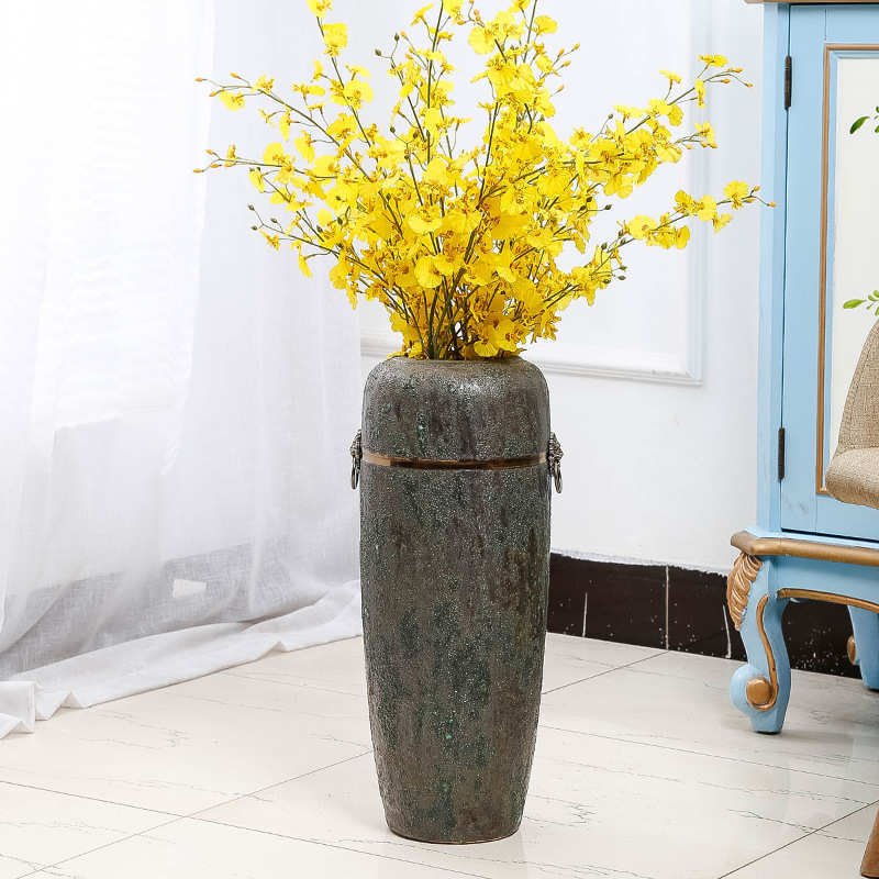 景德镇复古落地花瓶 仿古青铜色陶瓷花器 做旧绿釉中国风摆件道具