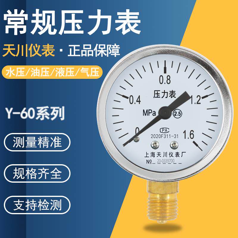 上海天川仪表Y-60普通压力表0-40mpa径向气压水压表厂家消防管用