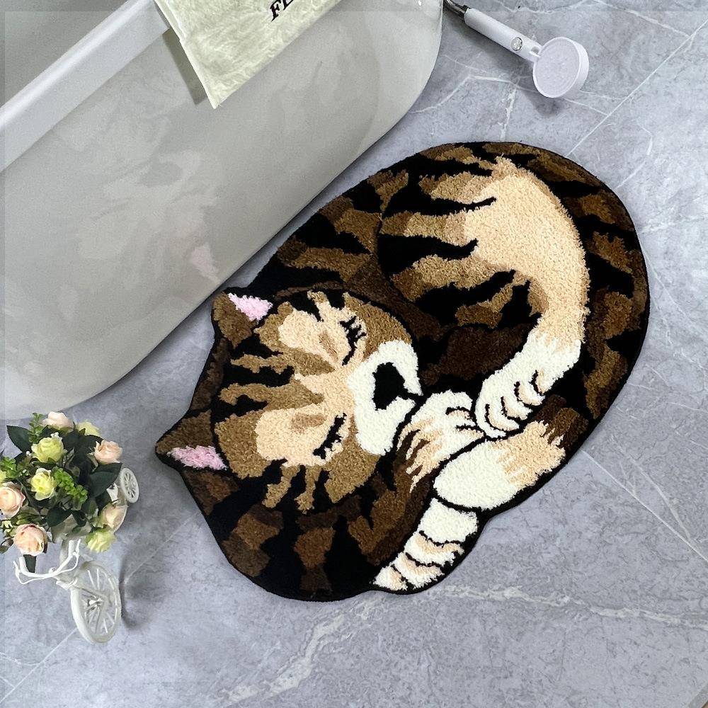 跨境新款睡猫毛绒绒淋浴间门垫趣味浴室防滑垫地垫地毯