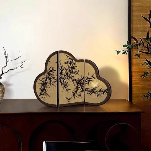 中古风墨竹小屏风桌面摆件新中式客厅茶桌入户玄关边柜装饰品摆画