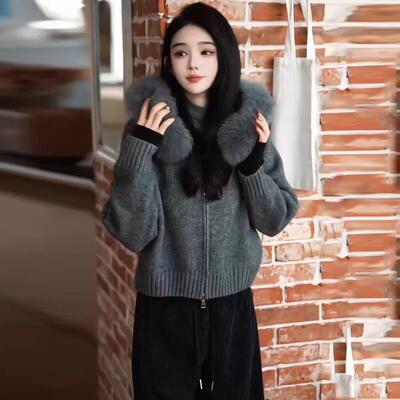 香港代购灰色毛领针织毛衣短外套女秋冬新款洋气加厚短款开衫上衣