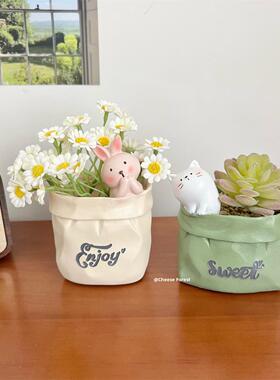 可爱的动物桌面笔筒多肉的花盆文具存储创意化妆刷存储桶办公室装