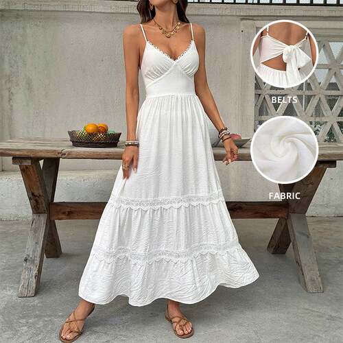 Lace Trimmed V-Neck Back Tie Halter Long Women Dress
