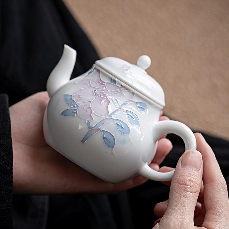 手绘百合茶壶单壶功夫泡茶器陶瓷茶具带过滤釉下彩堆雕家用壶