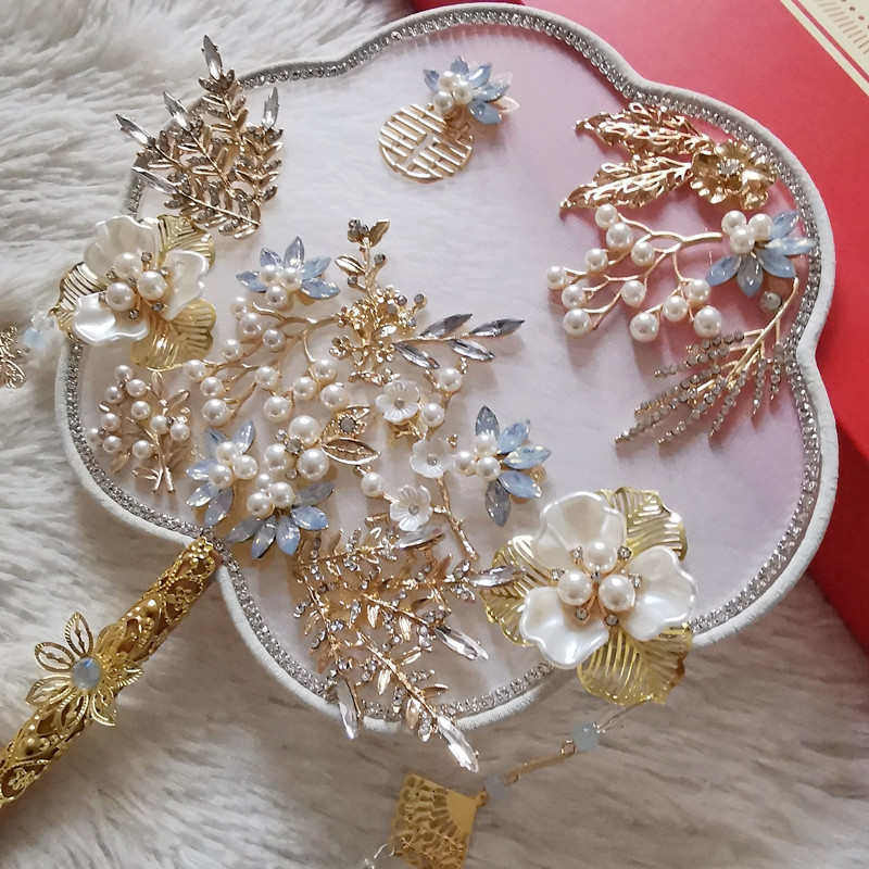 花扇子捧成品出嫁禾服喜手工新娘婚礼结婚扇新冰蓝手秀中式色团扇