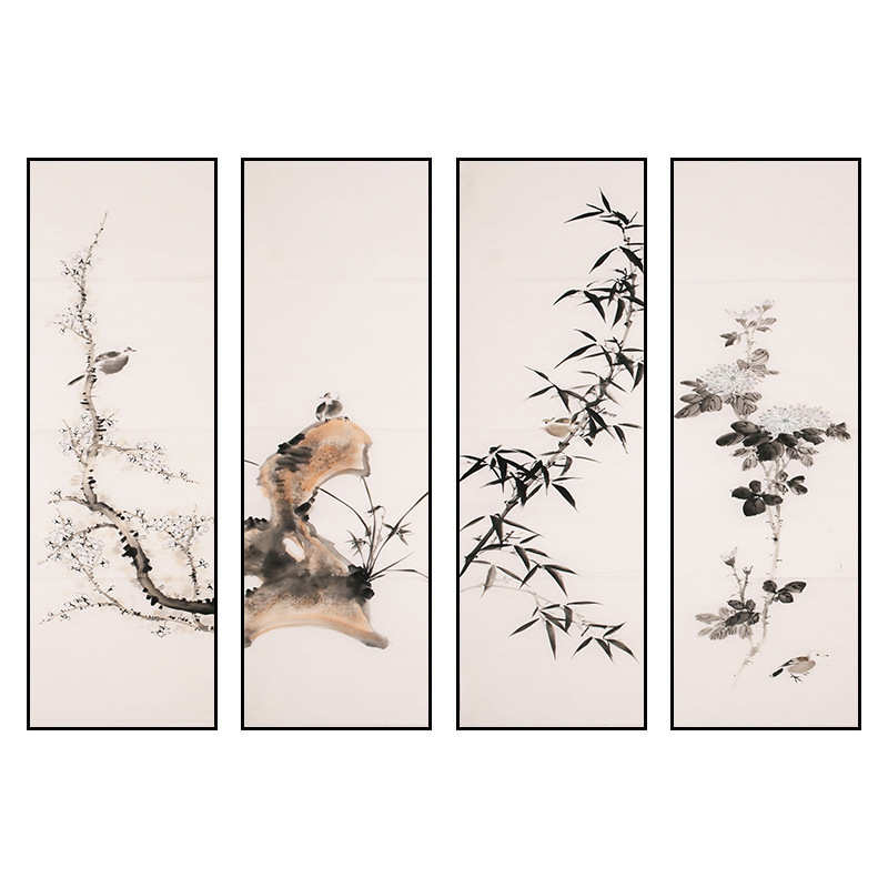 梅兰竹菊四联装饰画新中式客厅书房禅意风景画茶室背景墙面壁画