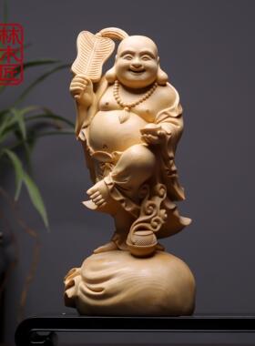 桧木精雕芭蕉扇弥勒佛像摆件手工雕刻开业招财送礼笑佛木雕工艺礼