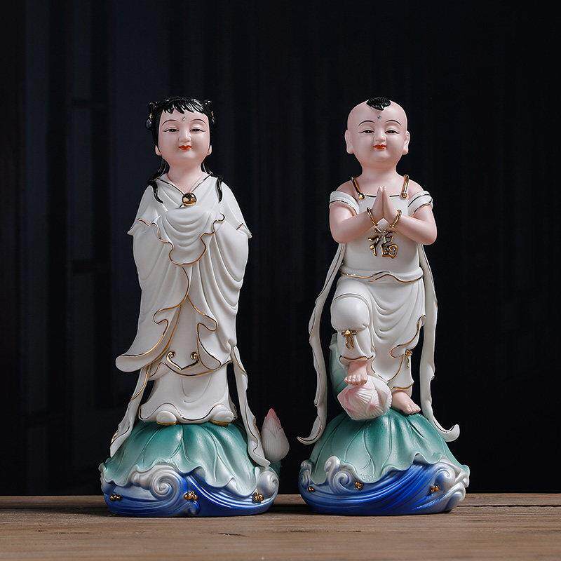 青韵瓷坊陶瓷善财童子龙女摆件金童玉女家用供奉菩萨佛前侍奉对童