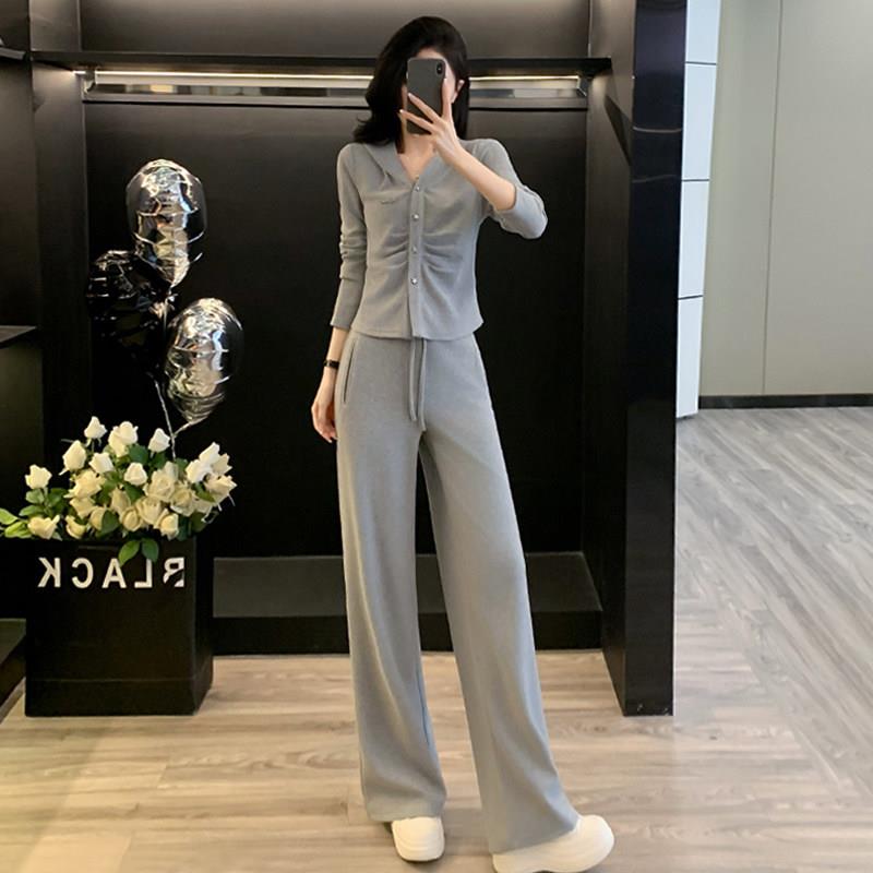 欧洲站休闲运动套装女2025新款春秋季轻熟气质上衣阔腿裤两件套潮