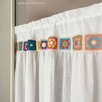 HEGALY 复古祖母格编织感白色窗纱透光窗帘棉麻门帘隔断帘橱窗帘