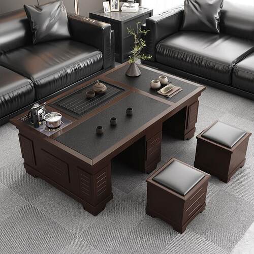 现代岩板功夫实木茶几茶具一体客厅火烧石茶几桌家用办公室泡茶台