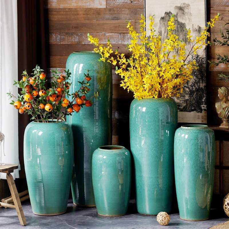 现代简约墨绿色陶瓷落地大花瓶摆件客厅橱窗会所酒店插花花器陶罐