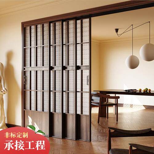 法式复古钛镁合金推拉门胡桃木隔断吊轨门厨房阳台客厅三联动移门