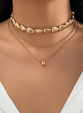 欧美跨境饰品简约水滴吊式扁圆串珠锁骨链个性金属风项链necklace