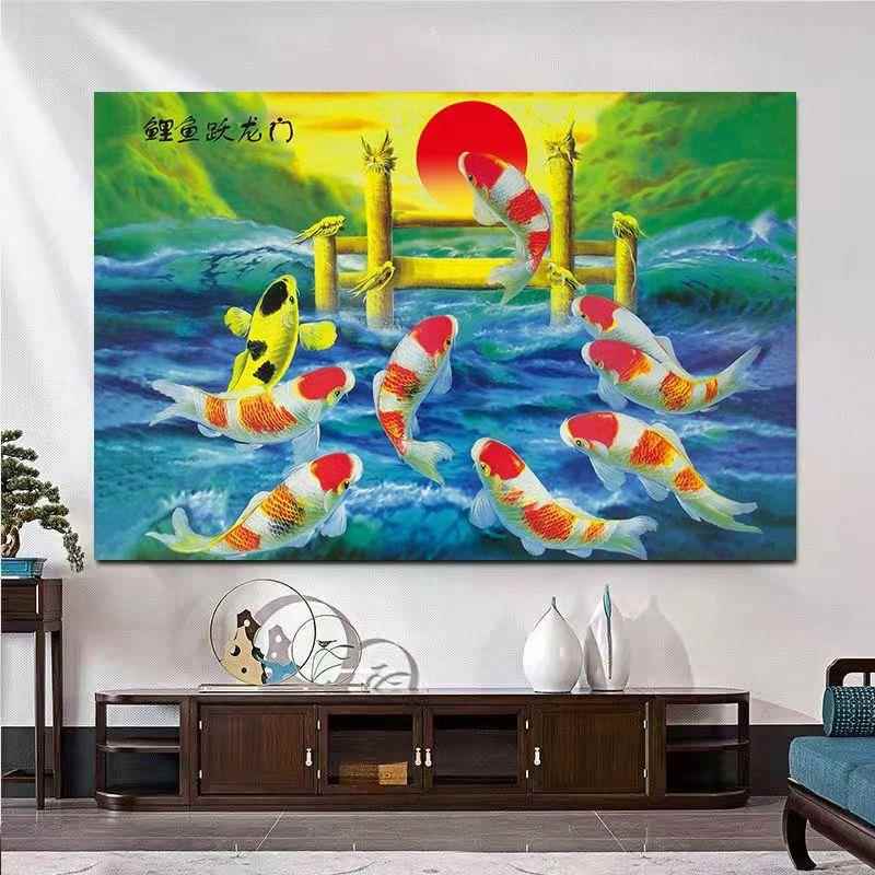 鲤鱼跳龙门九鱼图装饰画年年有余客厅挂画玄关酒店风水画墙贴壁画图片