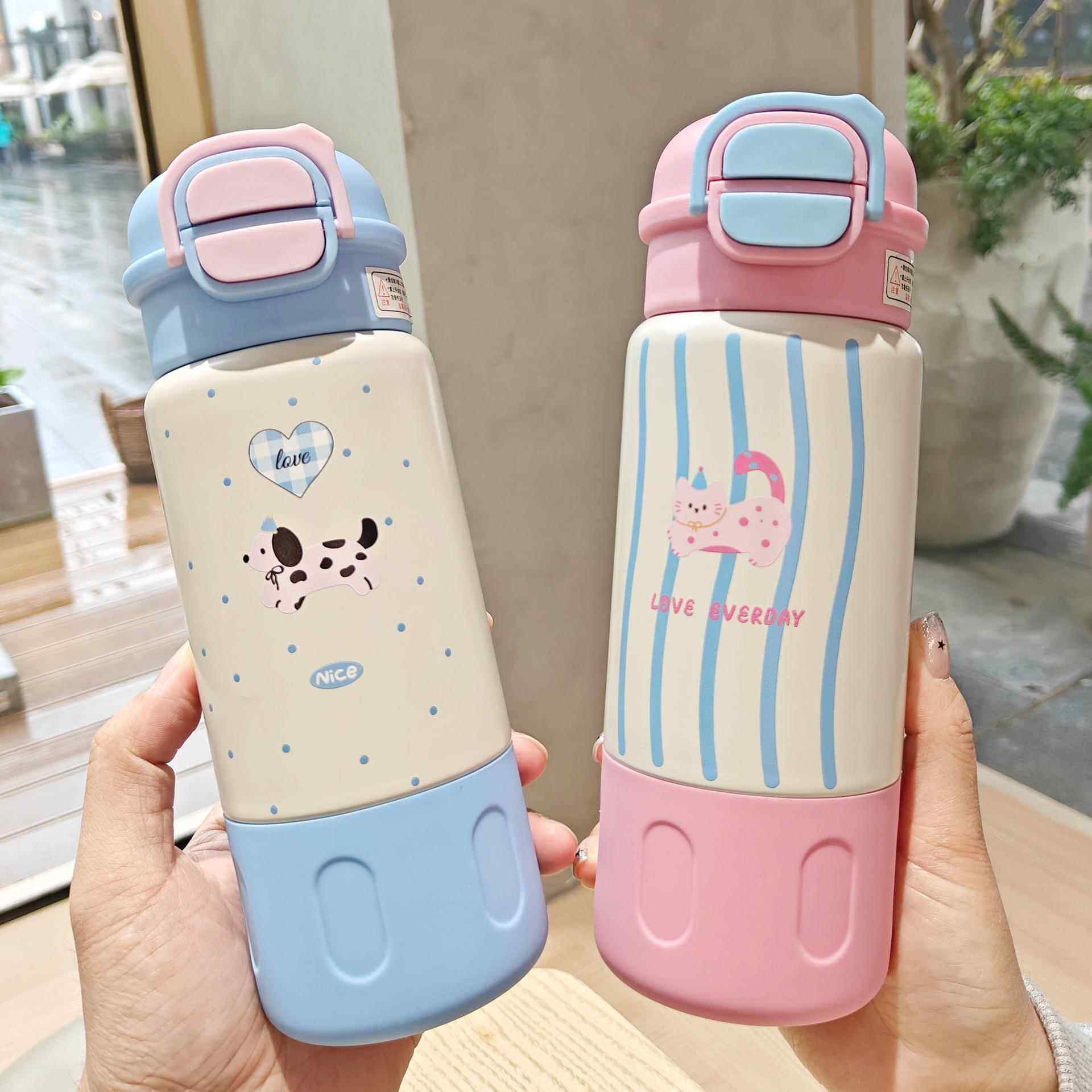 卡通一盖两用保温杯可爱儿童弹盖吸管水杯不锈钢真空杯学生便携杯