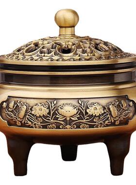 黄铜香炉莲开并蒂三足炉室内桌面香薰荷花香炉宣字炉工艺品铜摆件