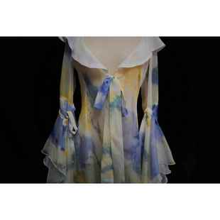 高档开原创设计古神典舞服飘逸侧洛开叉衫演出服双层大喇叭袖