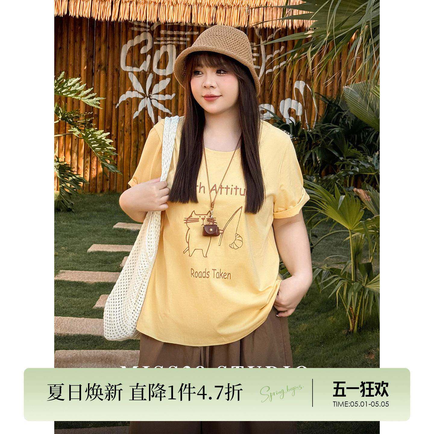 大尺码女装【韩系小猫T】冰瓷棉夏季胖mm圆领印花200斤短袖T恤上