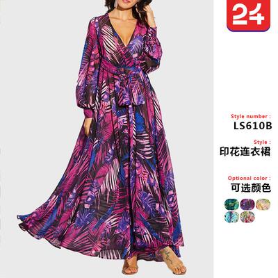 Lantern sleeve deep print dress, green leaf long