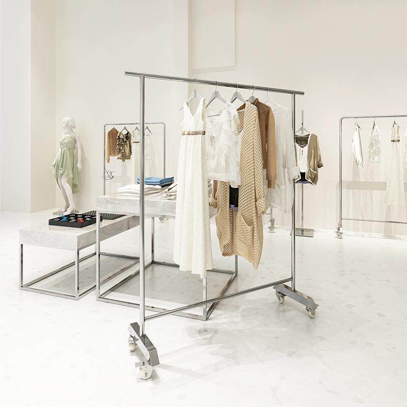 服装店展示架不锈钢拉丝落地挂衣杆带轮子可移动陈列架子衣服货架