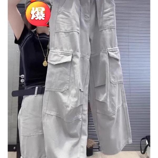 米兰风MDCW灰色设计大口袋工装牛仔裤女2025春夏新款大码休闲阔腿