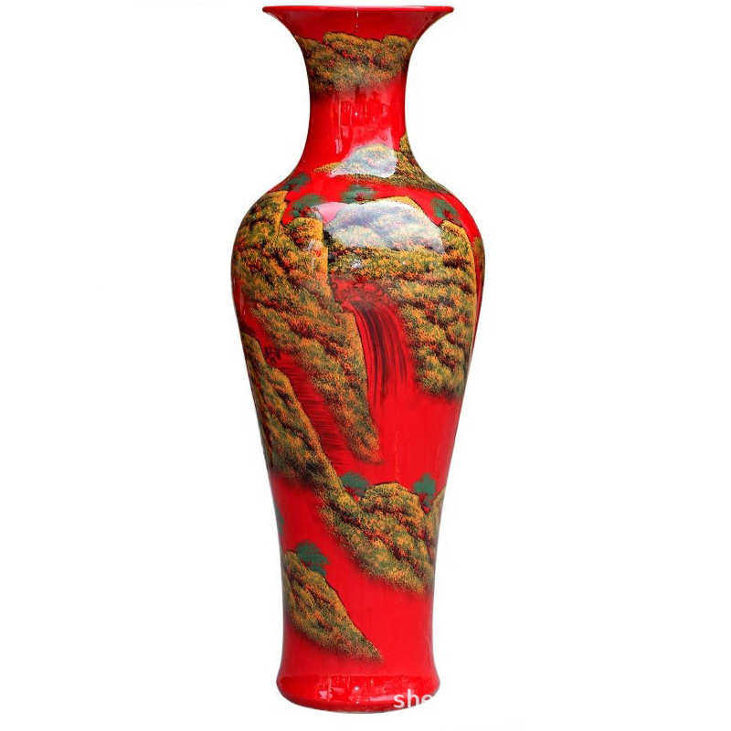 花瓶瓷瓶红山水画装饰手绘摆件陶瓷器景德镇高温落葫芦中国地大