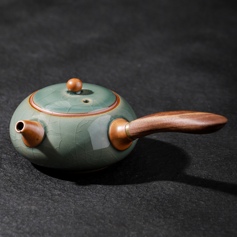 哥窑茶壶单壶木柄侧把家用泡茶壶陶瓷功夫茶具茶台配件大号日式
