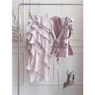 茶里茶气别致套装女夏季高级感立体花朵背心气质荷叶边裙子两件套