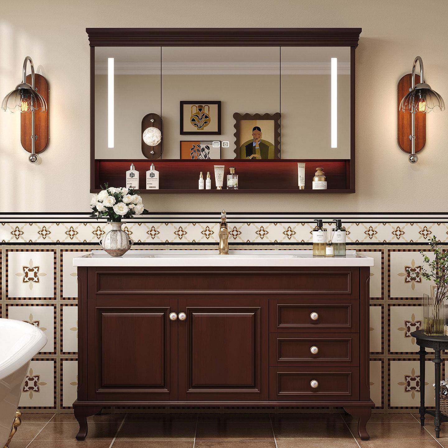 美式橡木浴室柜组合卫生间陶瓷一体盆卫浴柜镜柜套装洗手池洗漱台