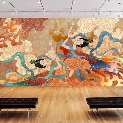 敦煌壁画 画壁纸国潮飞天仕女祥云图佛堂壁纸汉服摄影背景定制壁