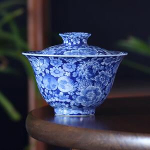 手绘蝶恋万花二才盖碗青花瓷单个不烫手大号中国风陶瓷仿古泡茶碗