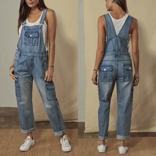 Perforated multi pocket jumpsuit denim strap