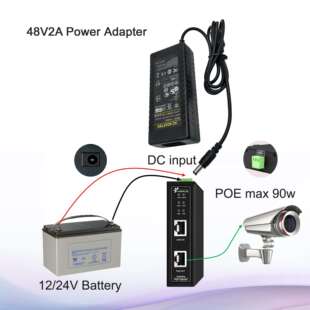 57V端子双电源输入 DC5525和12 升压 90W千兆工业级POE注入器48V