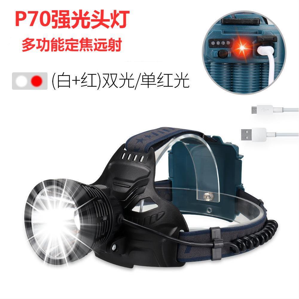 新款P70强光远射定焦头灯USB充电多功能户外夜钓防水铝合金头戴灯