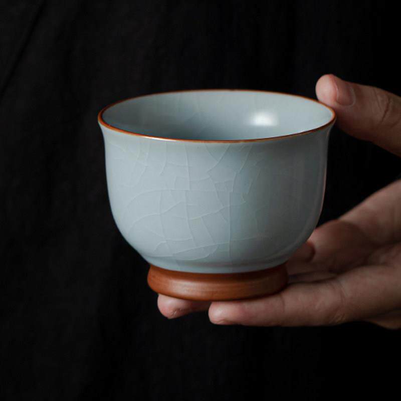 天青汝窑主人杯单杯喝茶碗盏陶瓷个人品茗杯开片大号可养功夫茶具