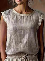 Women'S Vintage Linen Short Sleeve Top Lace Patchwork Round thumbnail 2