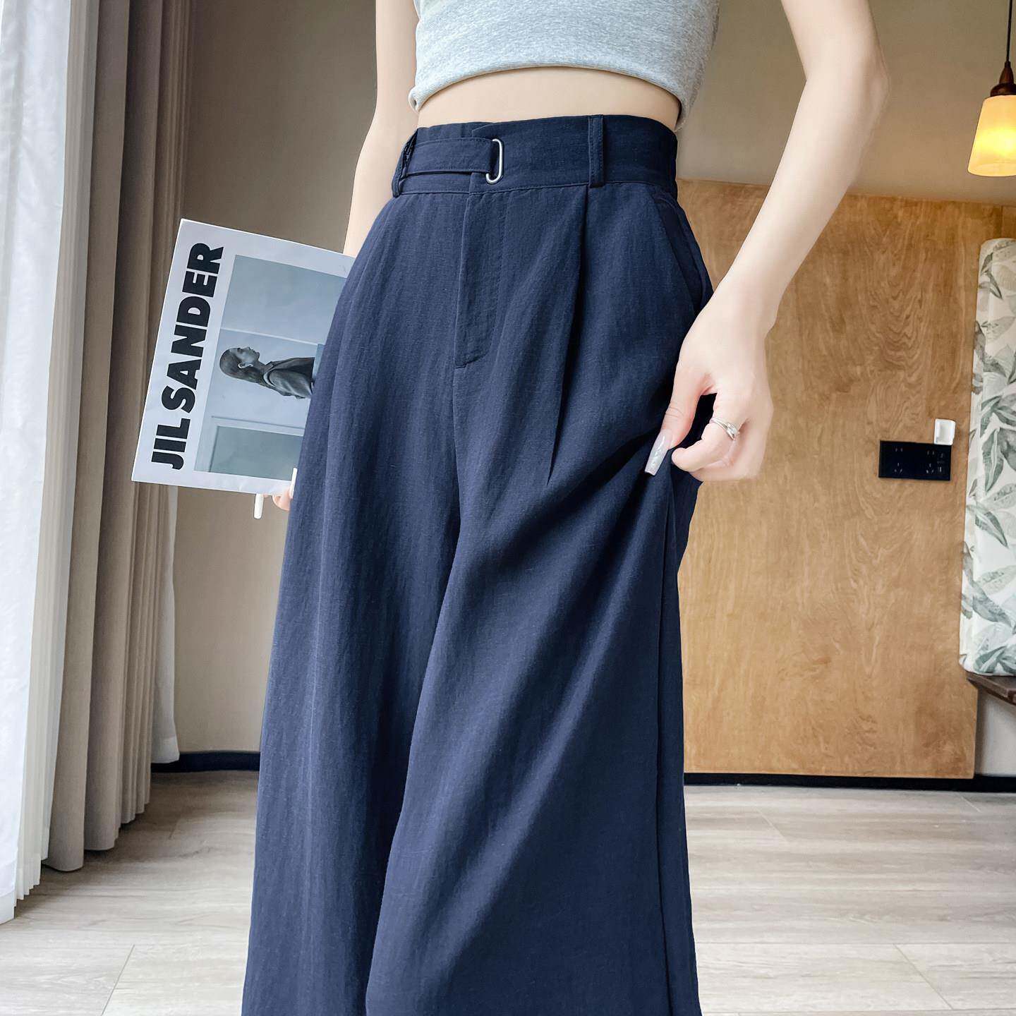 高级感天丝亚麻西装裤女夏季薄款高腰显瘦垂感拖地冰丝棉麻阔腿裤