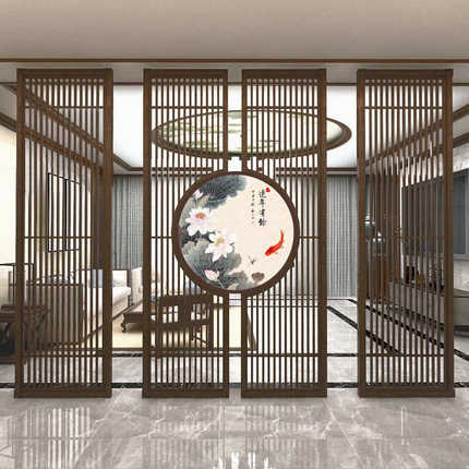 新中式屏风隔断实木玄关镂空卧室装饰客厅入户进门简约日式木格栅